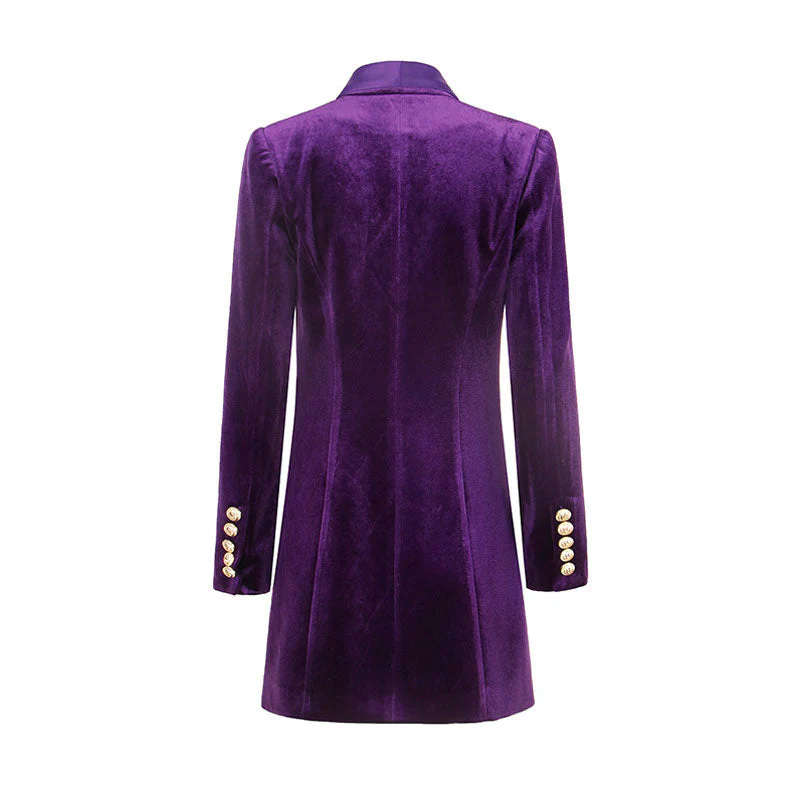 Luxurious Shawl Lapel Double Breasted Velvet Blazer Mini Dress - Purple - Image 5