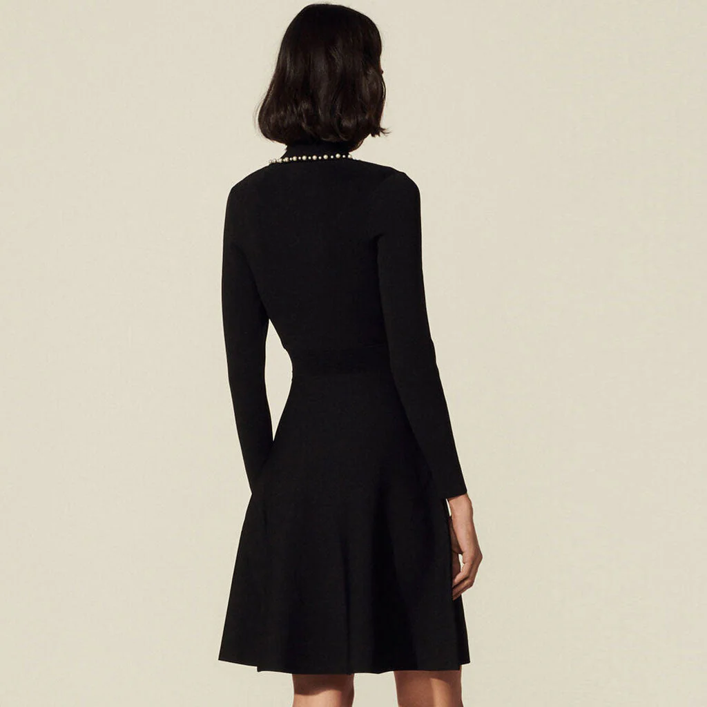 Luxury Beaded Collar Long Sleeve Knit Sweater Mini Dress - Black - Image 4