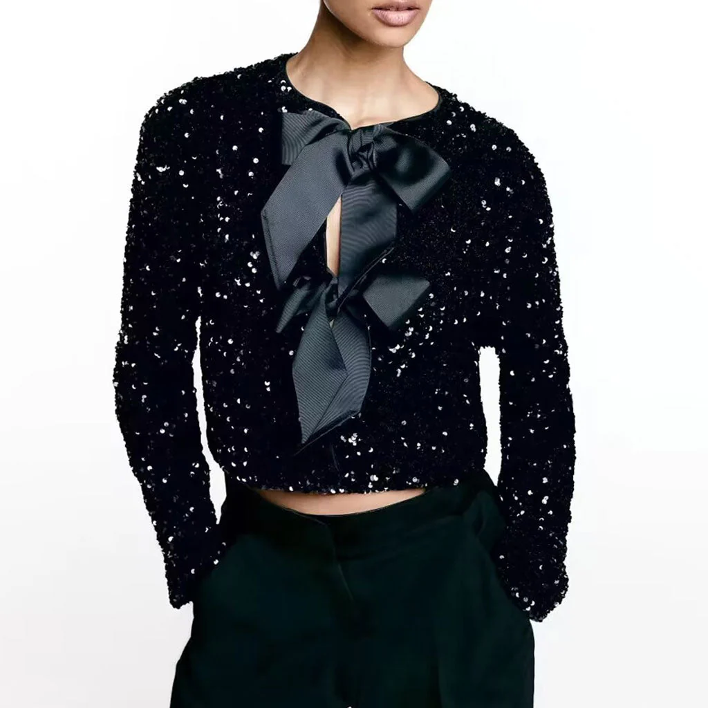 Luxury Big Bow Tie Crew Neck Long Sleeve Sequin Velvet Crop Jacket - Image 3