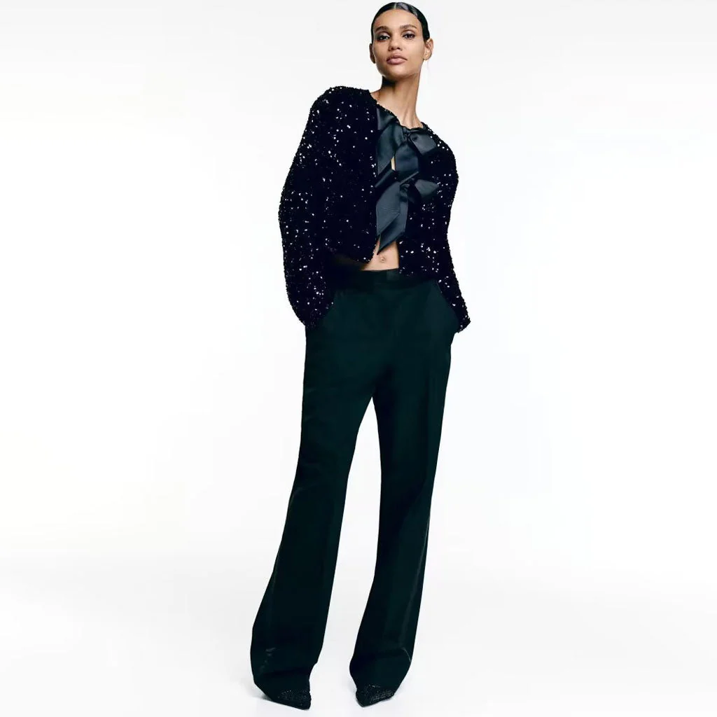 Luxury Big Bow Tie Crew Neck Long Sleeve Sequin Velvet Crop Jacket - Image 5