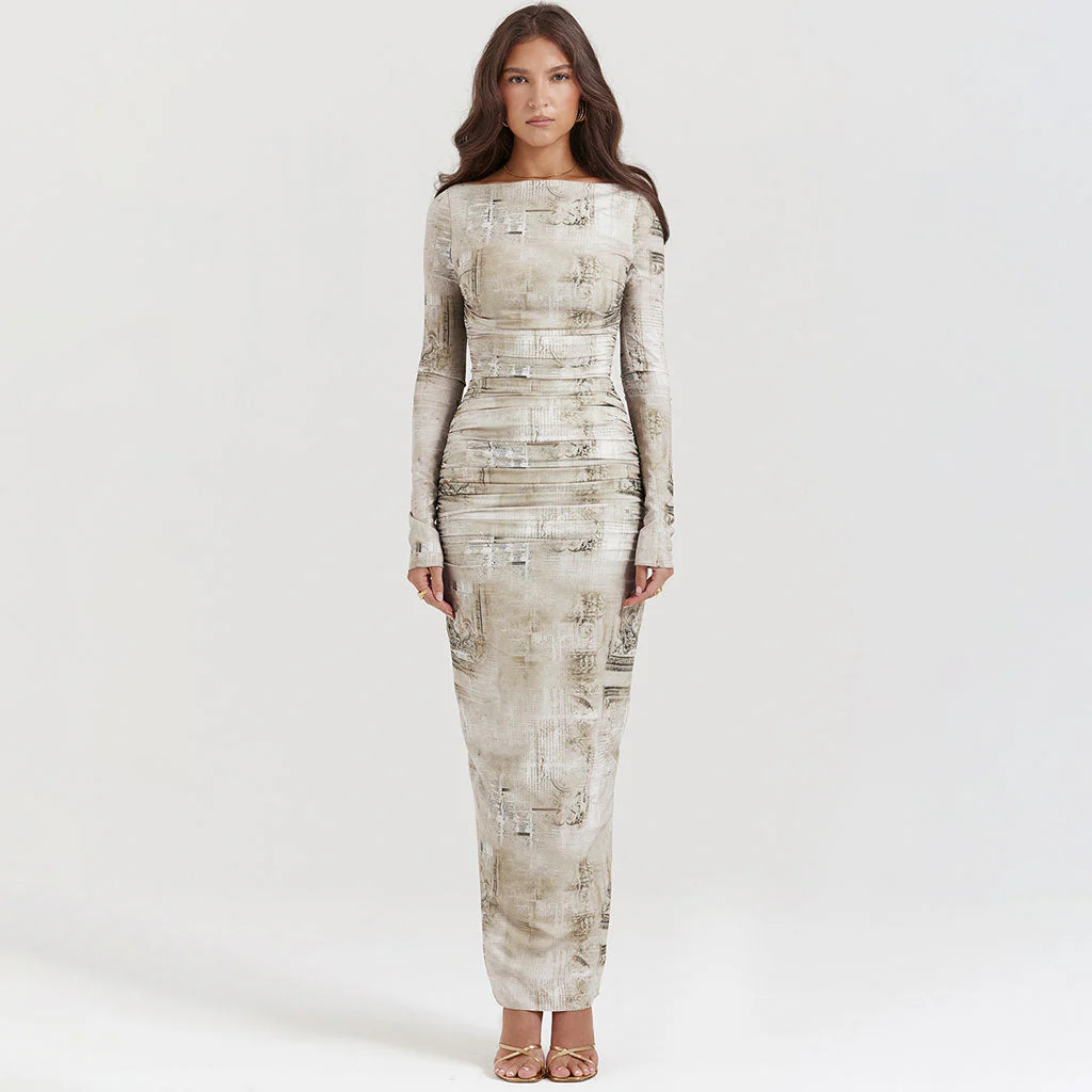 Luxury Boat Neck Ruched Bodycon Split Long Sleeve Blurry Printed Maxi Dress - Image 2