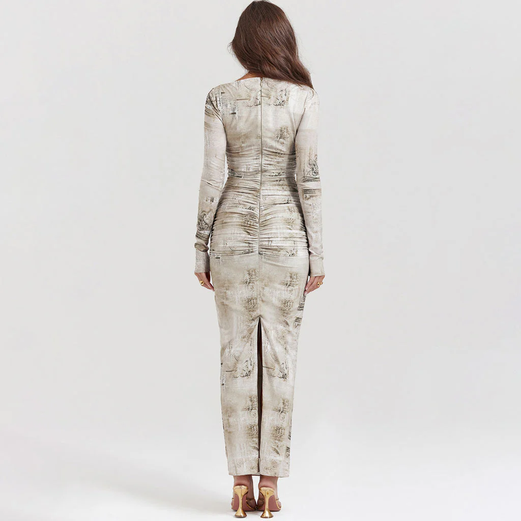Luxury Boat Neck Ruched Bodycon Split Long Sleeve Blurry Printed Maxi Dress - Image 4