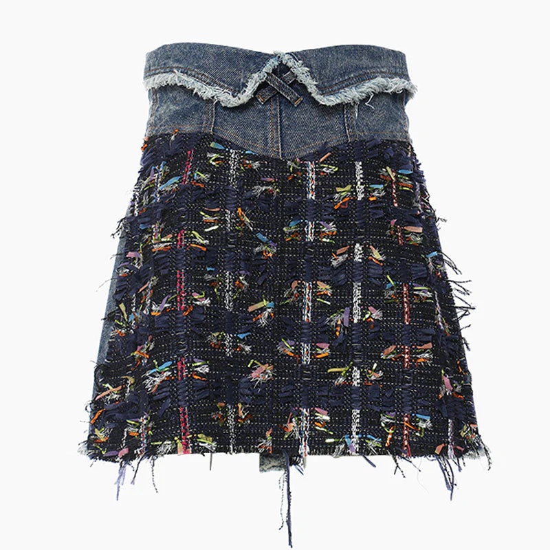 Luxury Button Front Foldover High Rise A-line Tweed Denim Mini Skirt - Image 2