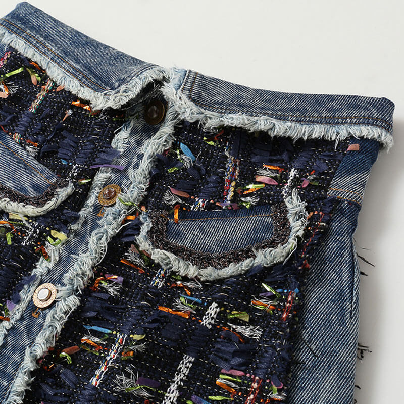Luxury Button Front Foldover High Rise A-line Tweed Denim Mini Skirt - Image 3