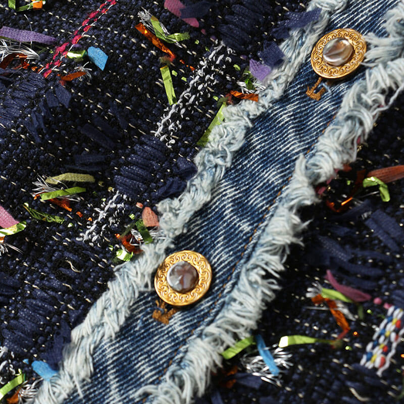 Luxury Button Front Foldover High Rise A-line Tweed Denim Mini Skirt - Image 4