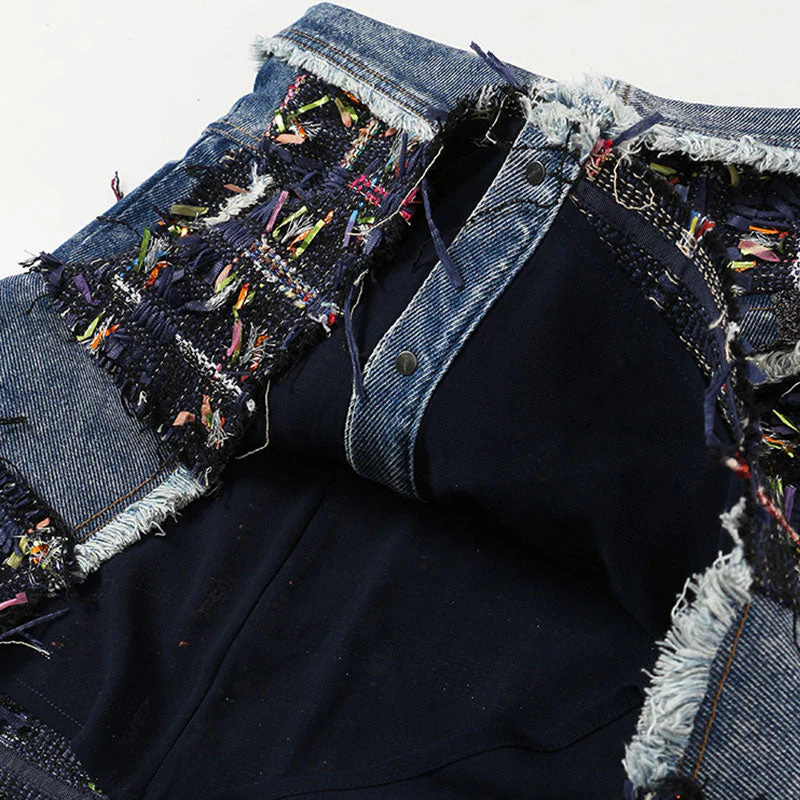 Luxury Button Front Foldover High Rise A-line Tweed Denim Mini Skirt - Image 5
