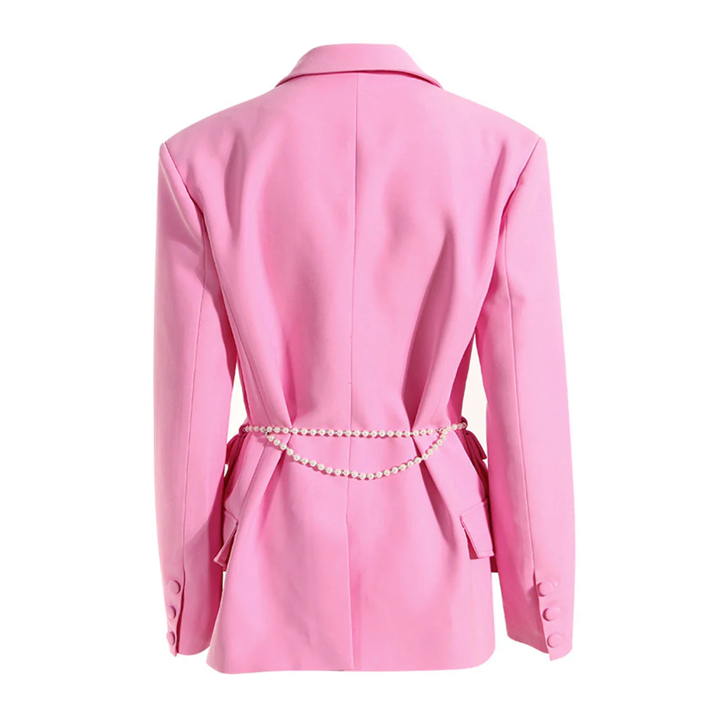 Luxury Cargo Pocket Faux Pearl Belt Padded Long Sleeve Single Breasted Blazer - Image 2