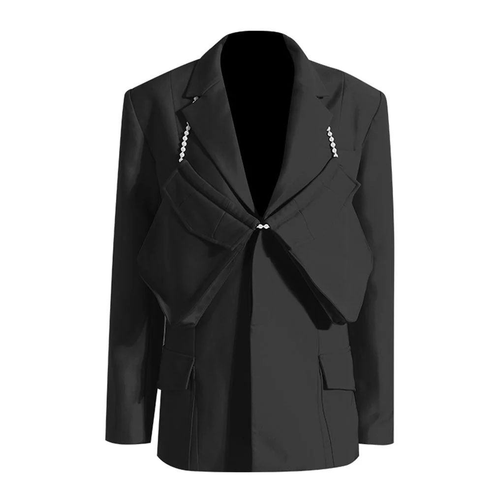 Luxury Cargo Pocket Faux Pearl Belt Padded Long Sleeve Single Breasted Blazer - Image 4