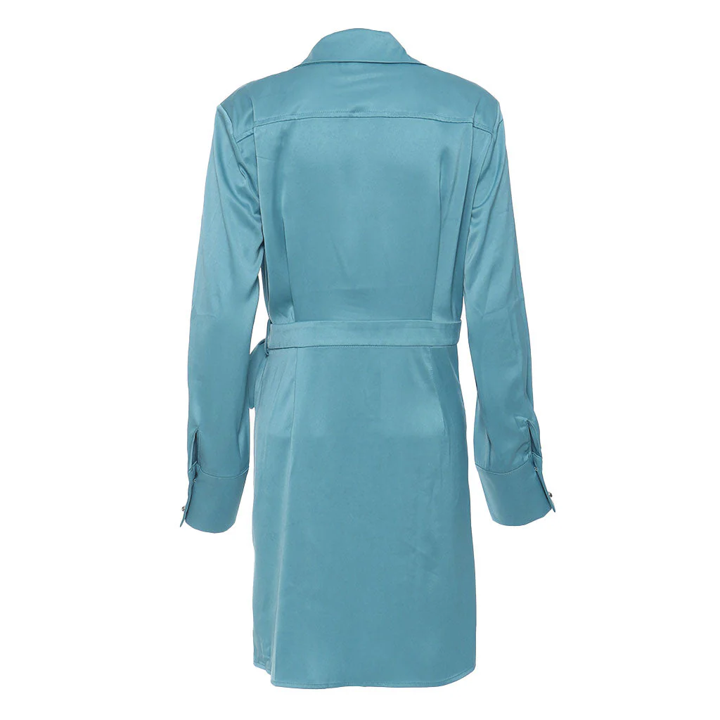 Luxury Collared Long Sleeve Patch Pocket Tie Waist Pleated Satin Midi Shirt Dress - Image 2