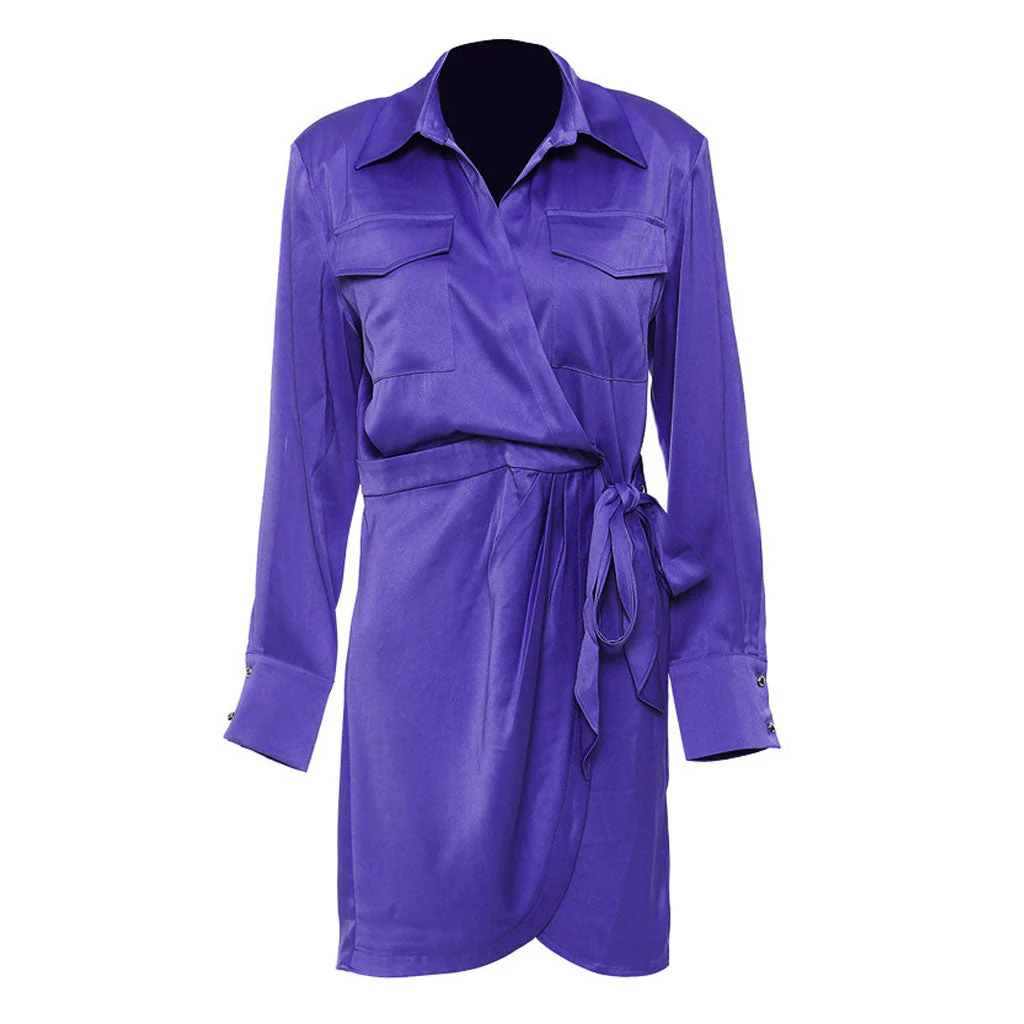 Luxury Collared Long Sleeve Patch Pocket Tie Waist Pleated Satin Midi Shirt Dress - Image 3