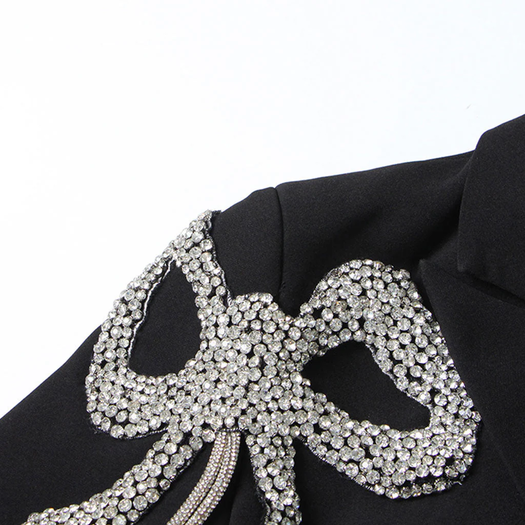 Luxury Crystal Bow Embellished Lapel Collar Single Breasted Blazer - Image 3