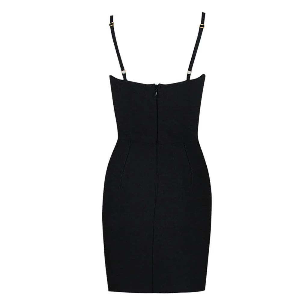 Luxury Crystal Bow Spaghetti Strap Plunge Fitted Bandage Sleeveless Mini Dress - Image 7