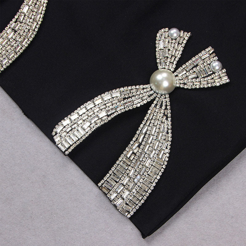 Luxury Crystal Bow Spaghetti Strap Plunge Fitted Bandage Sleeveless Mini Dress - Image 8