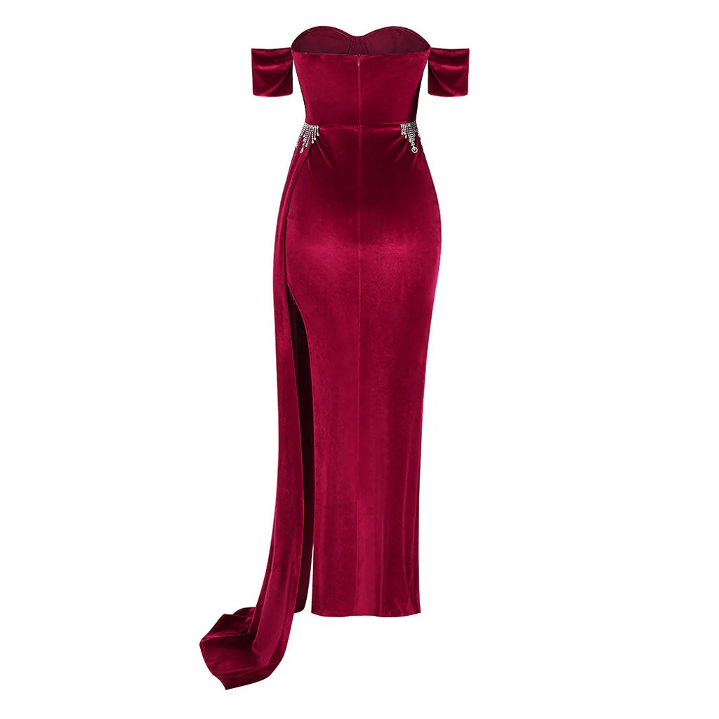 Luxury Crystal Embellished Off The Shoulder Sweetheart Corset Split Maxi Velvet Dress - Image 2