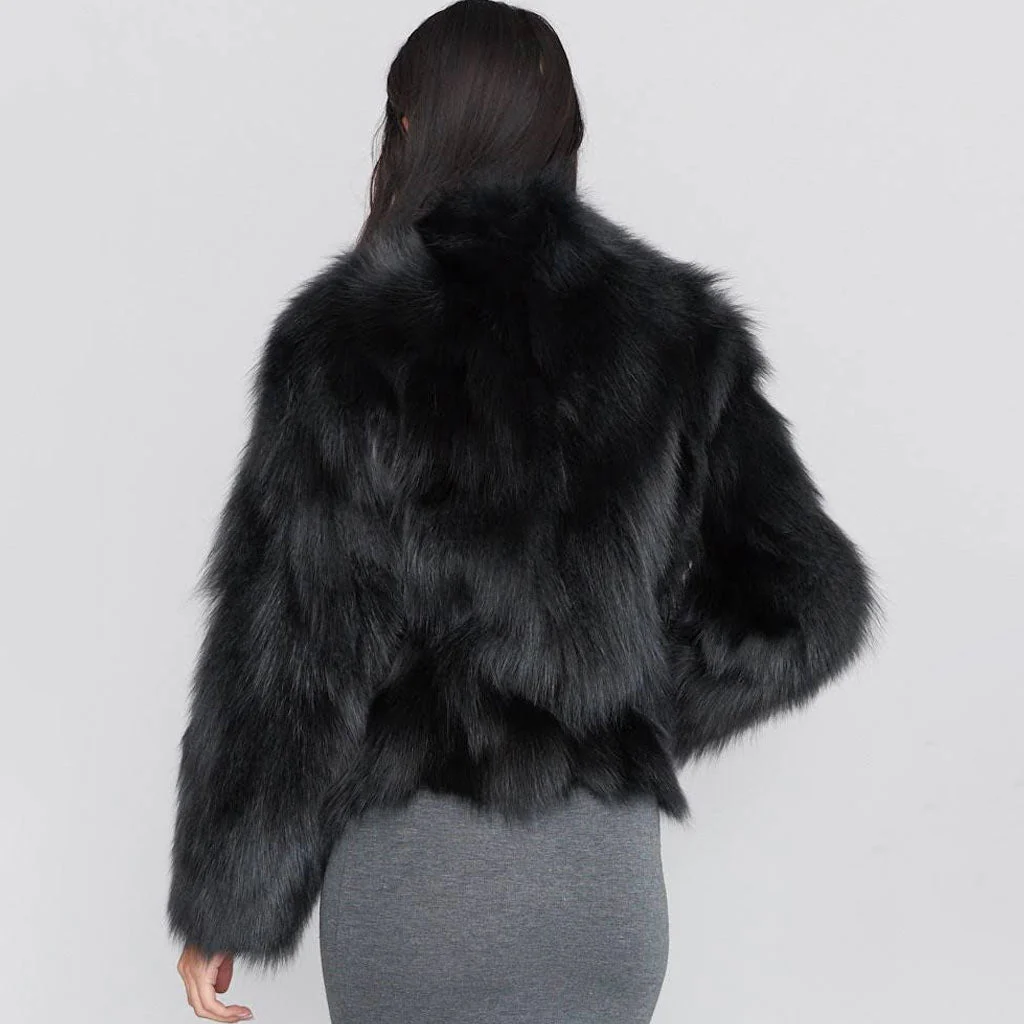 Luxury Dark Gray Long Sleeve Side Pocket Cropped Plush Fur Coat - Image 2