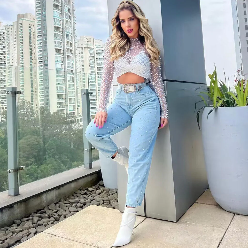 Luxury Faux Pearl and Sequin Embellished Long Sleeve Sheer Mesh Crop Top - Image 5