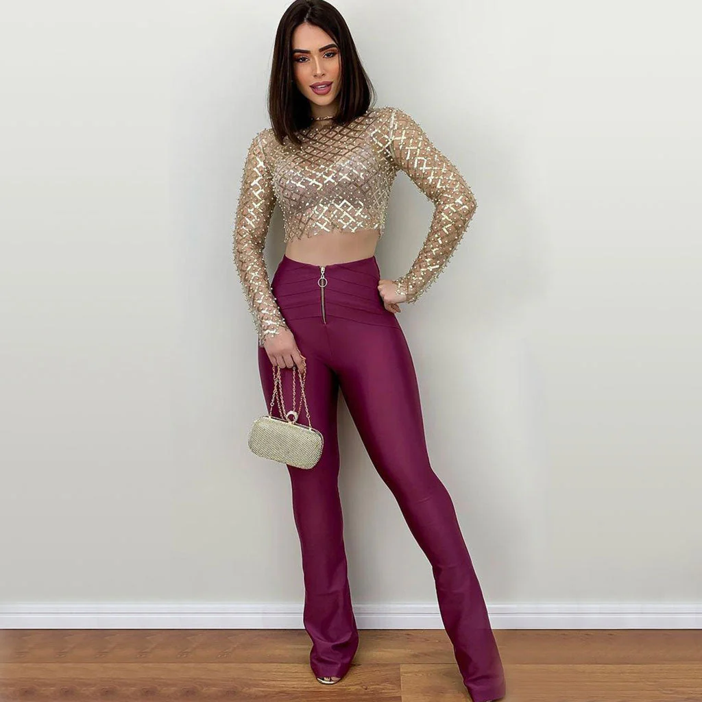 Luxury Faux Pearl and Sequin Embellished Long Sleeve Sheer Mesh Crop Top - Image 6