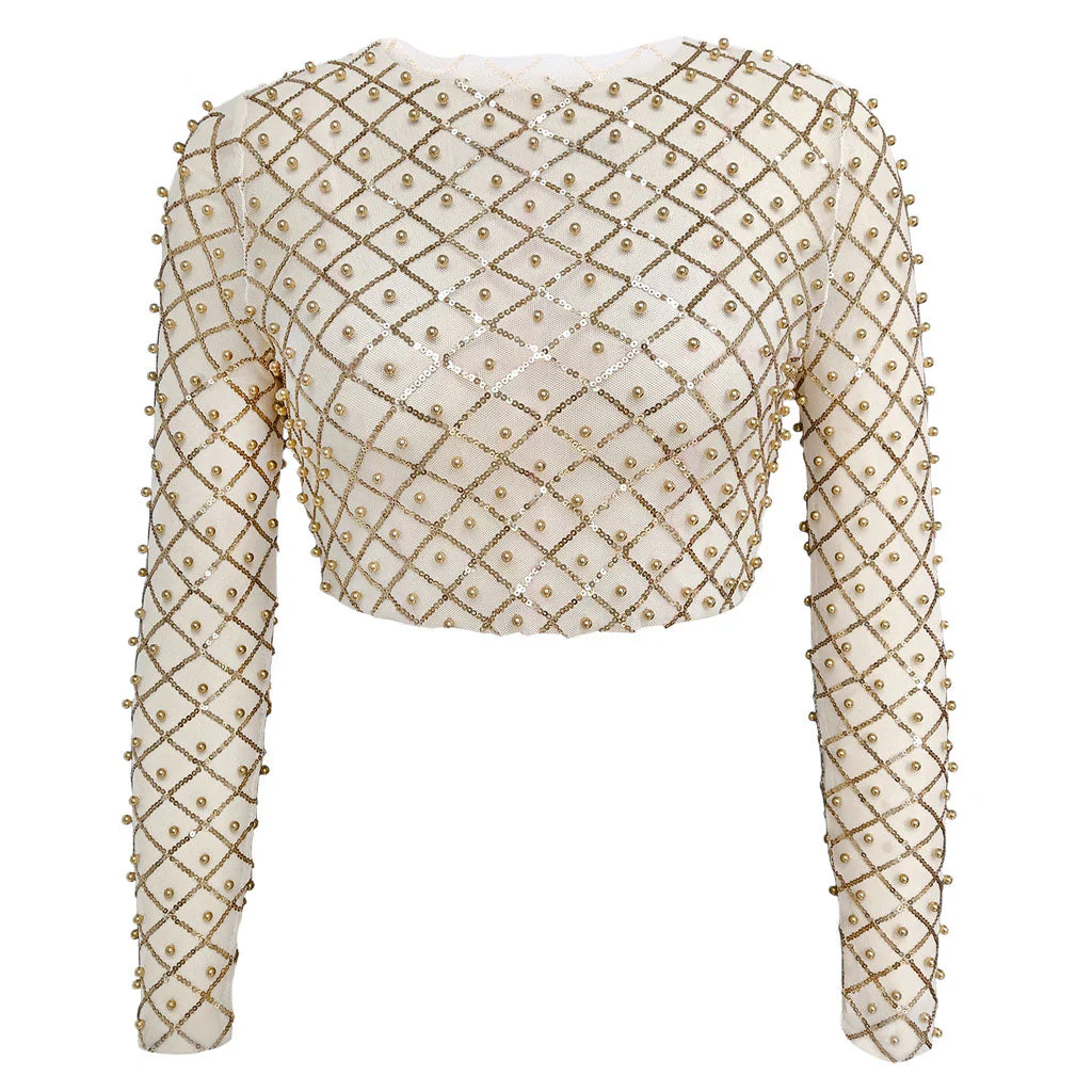 Luxury Faux Pearl and Sequin Embellished Long Sleeve Sheer Mesh Crop Top - Image 8