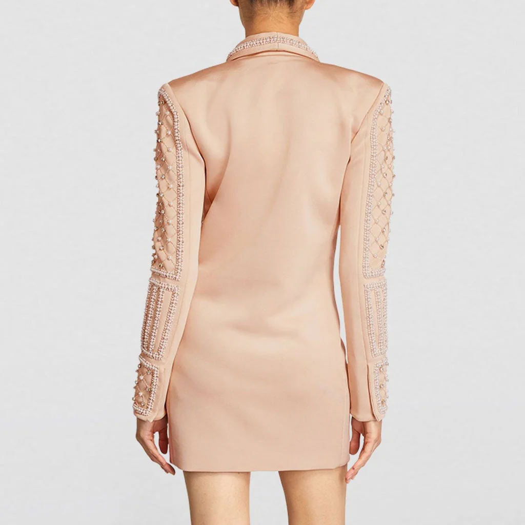 Luxury Faux Pearl Embellished Shoulder Pad Shawl Lapel Long Blazer - Nude - Image 2