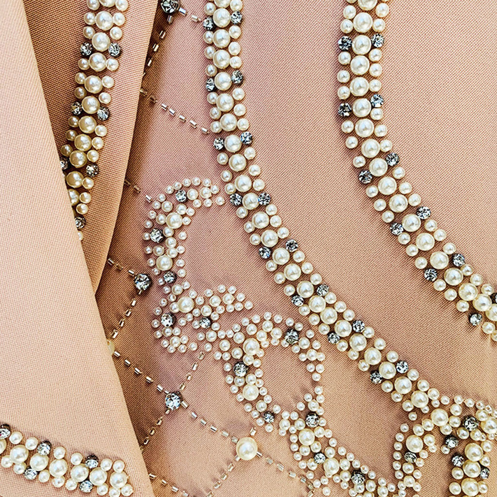Luxury Faux Pearl Embellished Shoulder Pad Shawl Lapel Long Blazer - Nude - Image 3