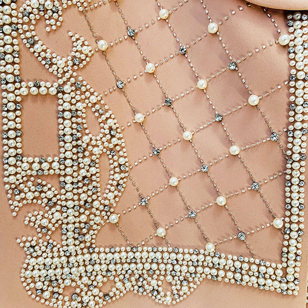 Luxury Faux Pearl Embellished Shoulder Pad Shawl Lapel Long Blazer - Nude - Image 4