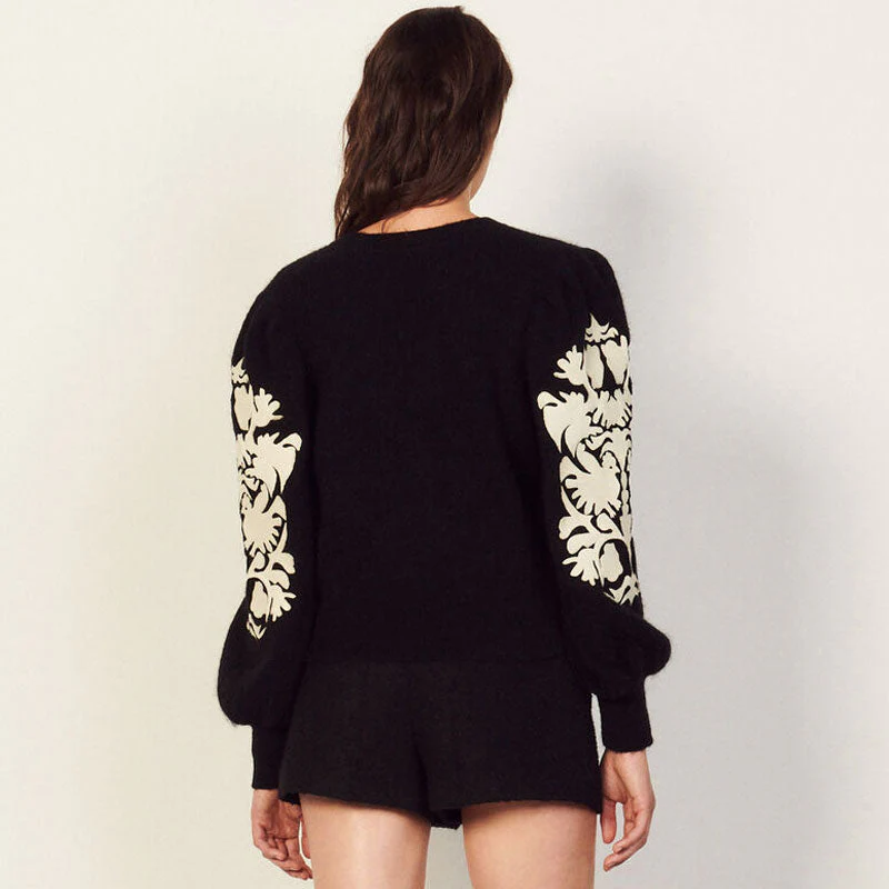 Luxury Floral Print Long Sleeve Mohair Knit Pullover Sweater - Black - Image 4