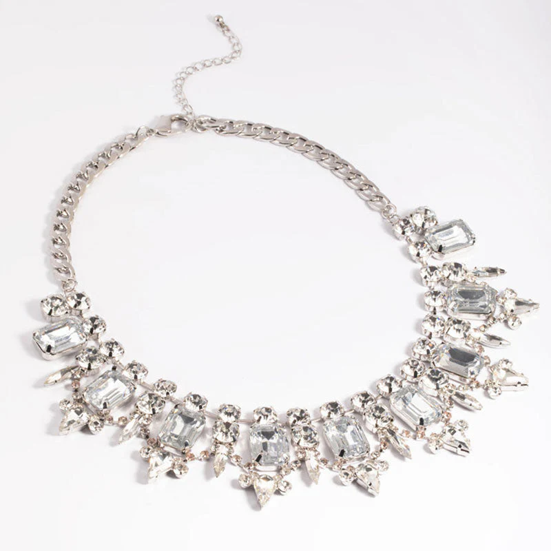 Luxury Gemstone Crystal Embellished Collar NeckLace - Silver - Image 3