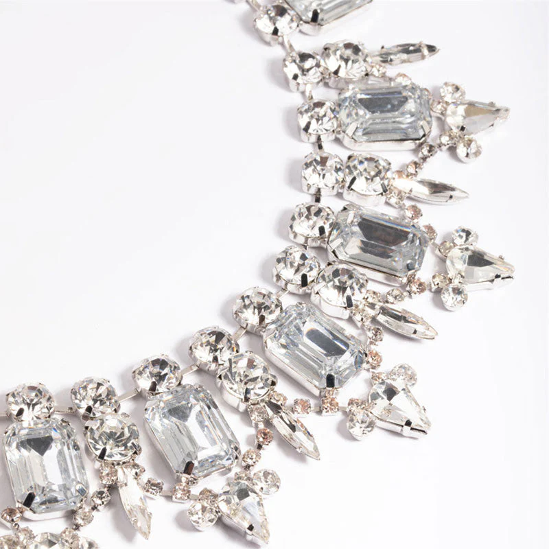Luxury Gemstone Crystal Embellished Collar NeckLace - Silver - Image 4