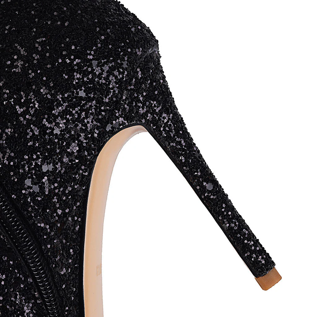 Luxury Glitter Pointed Toe Stiletto Heel Knee High Boots - Black - Image 3
