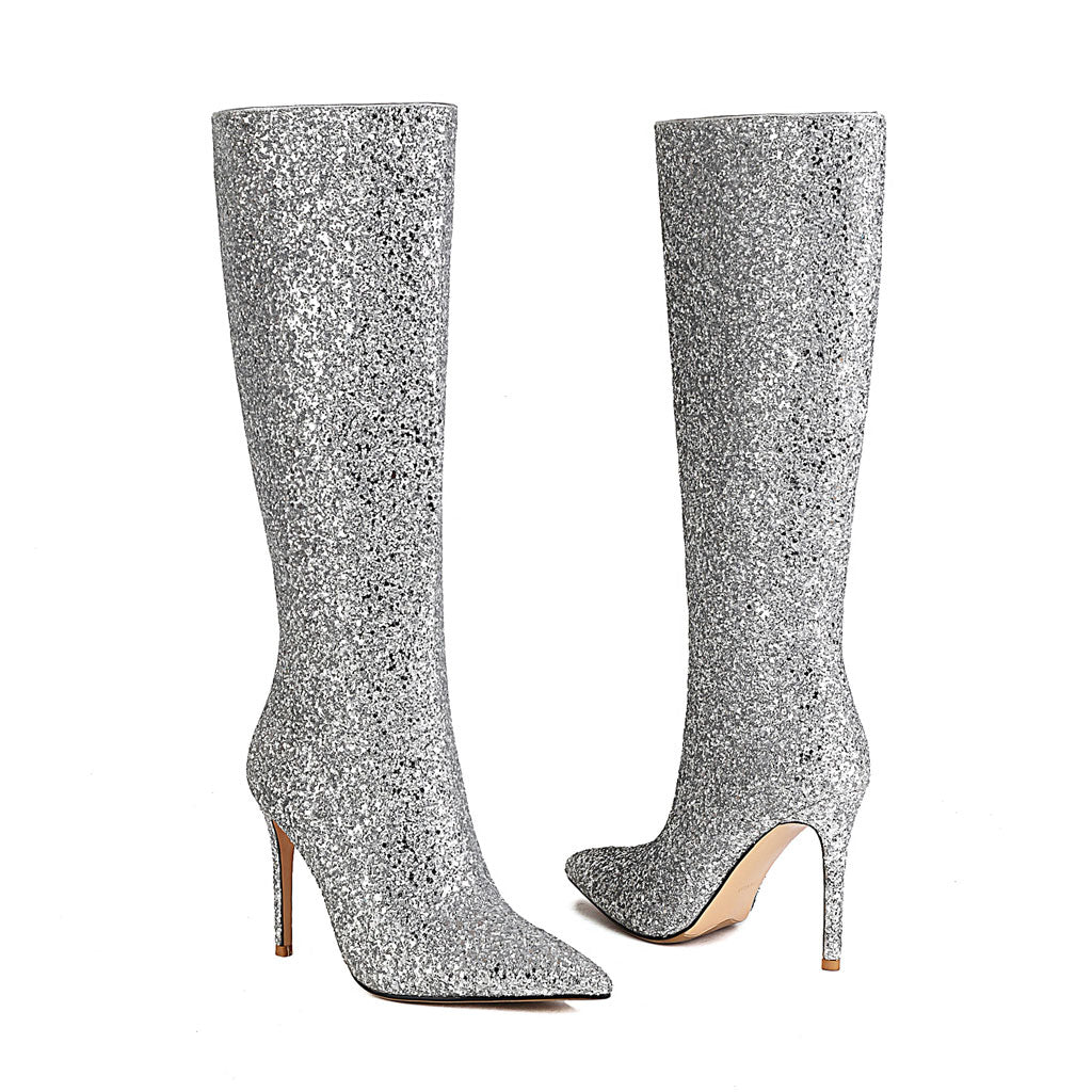 Luxury Glitter Pointed Toe Stiletto Heel Knee High Boots - Silver - Image 2