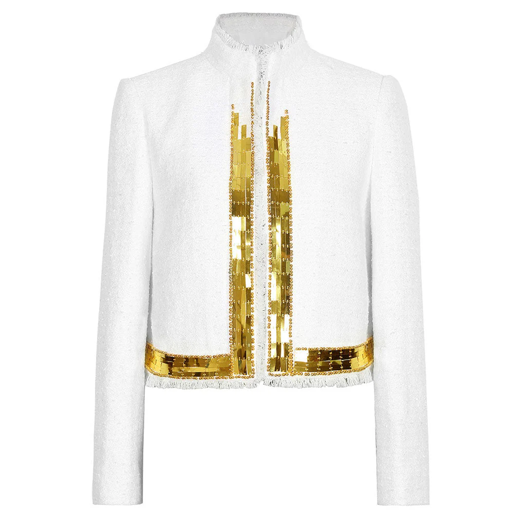 Luxury Gold Tone Plate Embellished Raw Hem Mock Neck Open Front Tweed Jacket - Image 2