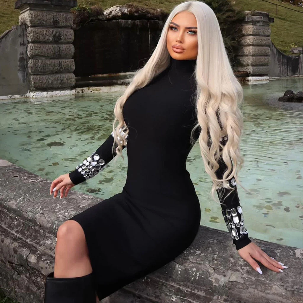 Luxury High Neck Long Sleeve Crystal Bodycon Bandage Midi Cocktail Dress - Image 2