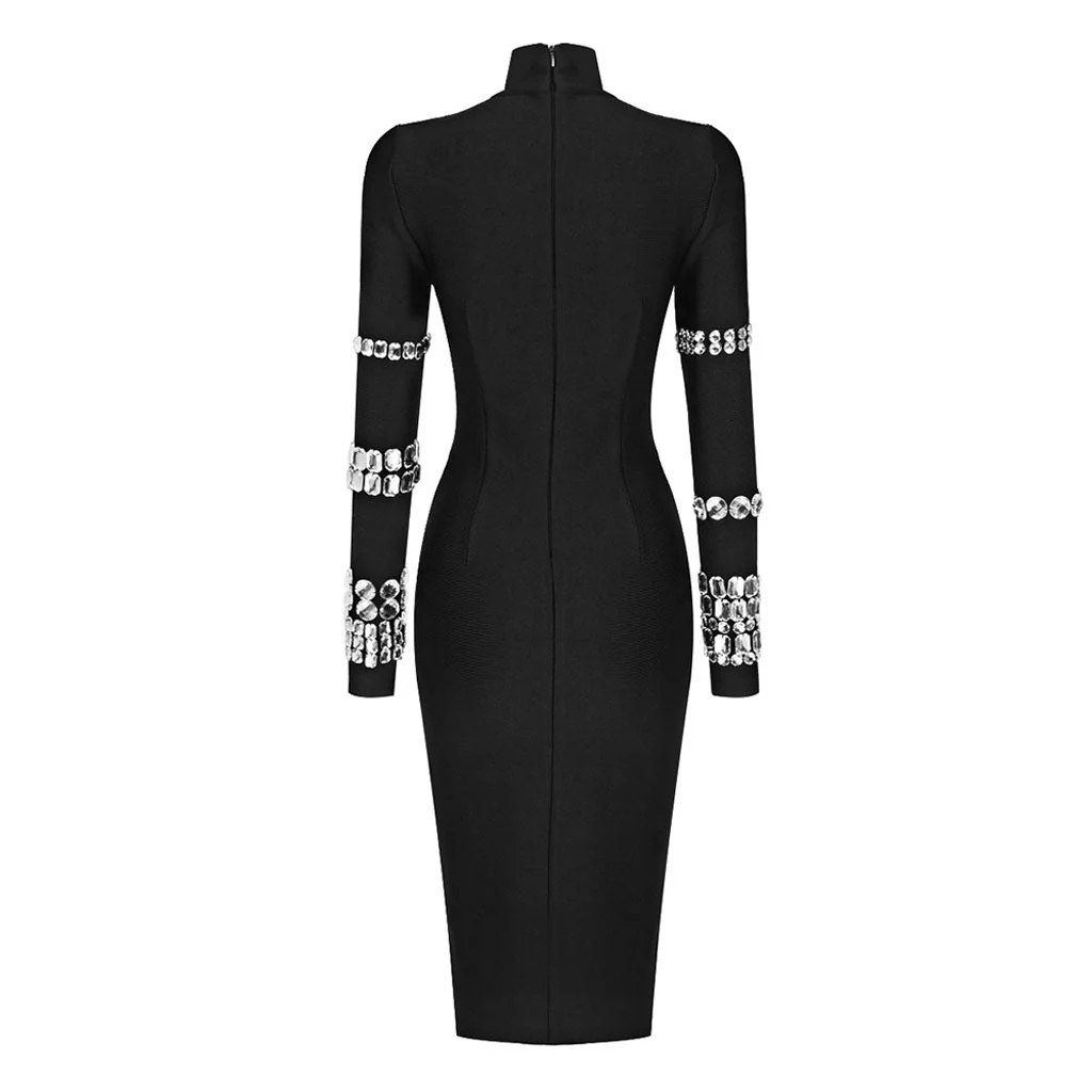 Luxury High Neck Long Sleeve Crystal Bodycon Bandage Midi Cocktail Dress - Image 5