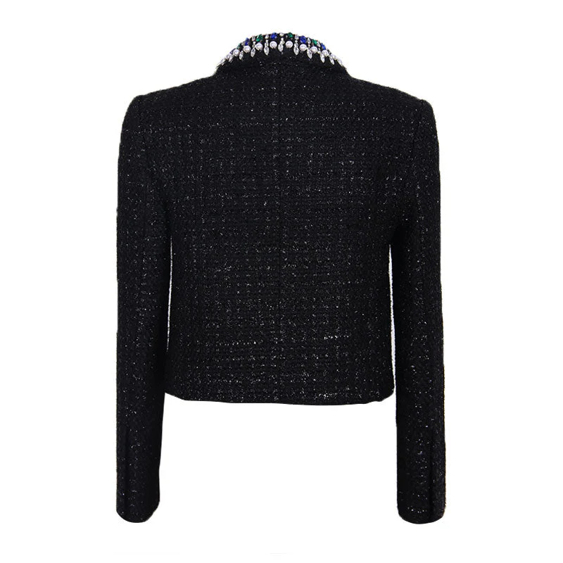 Luxury Jewelled Shoulder Pad Long Sleeve Shawl Collar Cropped Tweed Blazer - Image 2