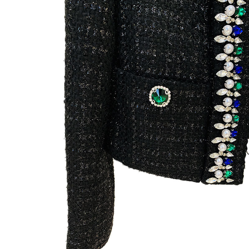 Luxury Jewelled Shoulder Pad Long Sleeve Shawl Collar Cropped Tweed Blazer - Image 3