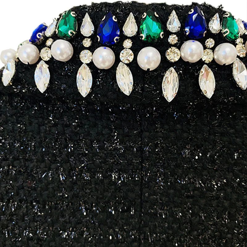 Luxury Jewelled Shoulder Pad Long Sleeve Shawl Collar Cropped Tweed Blazer - Image 4