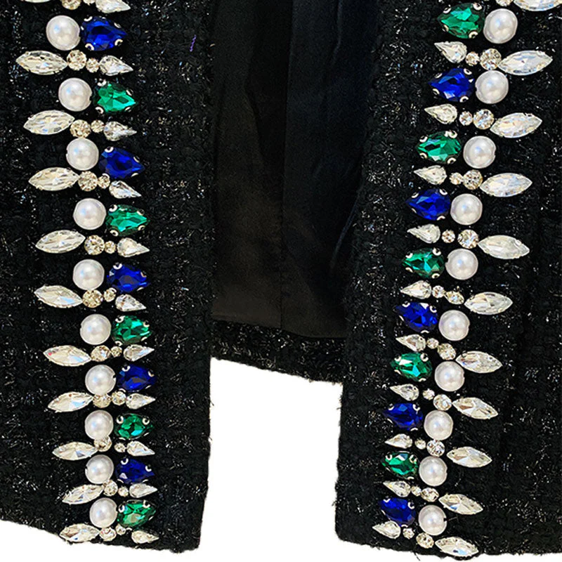 Luxury Jewelled Shoulder Pad Long Sleeve Shawl Collar Cropped Tweed Blazer - Image 5