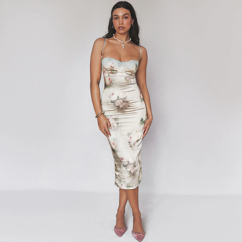 Luxury Lace Trim Bustier Spaghetti Strap Floral Print Bodycon Midi Satin Dress - Image 3