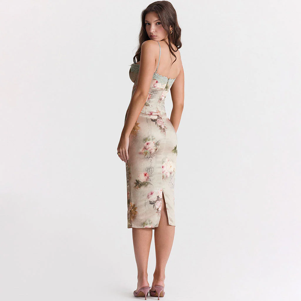 Luxury Lace Trim Bustier Spaghetti Strap Floral Print Bodycon Midi Satin Dress - Image 5