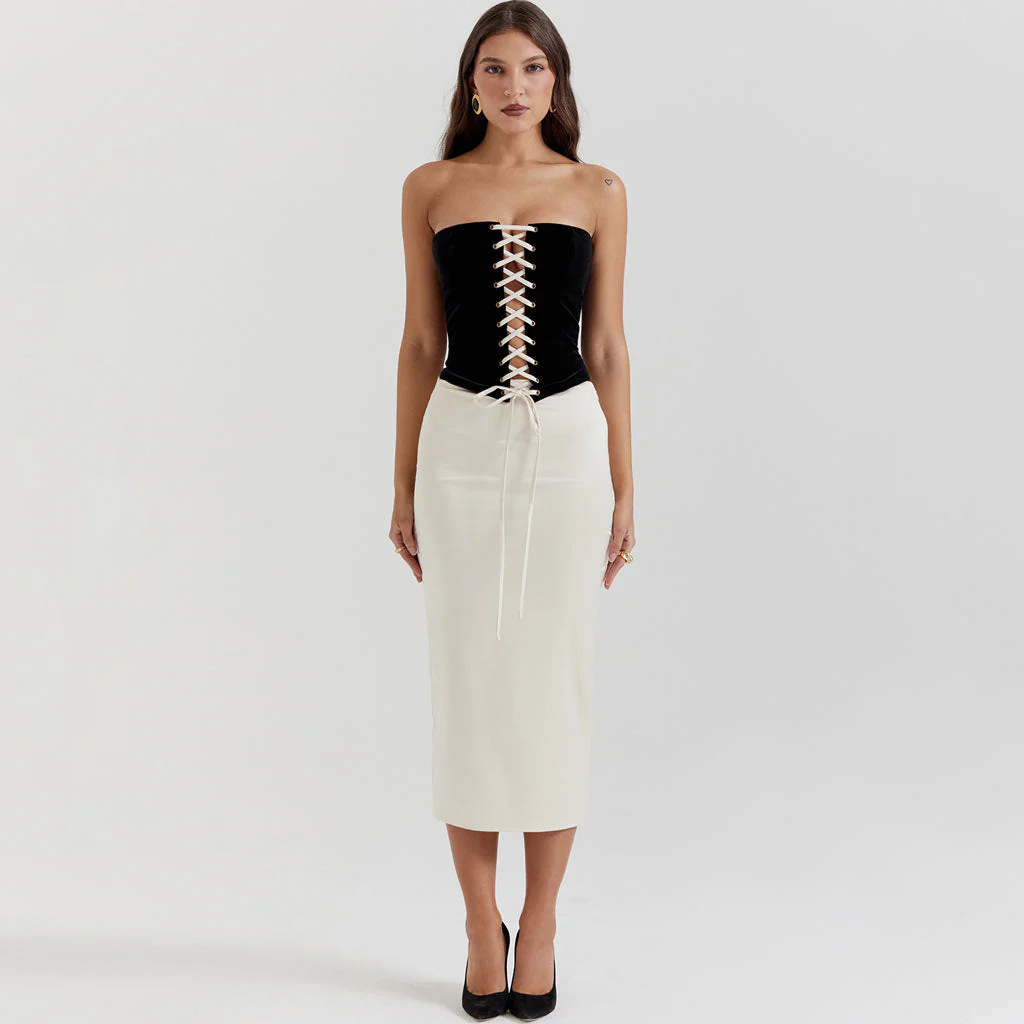 Luxury Lace Up Velvet Strapless Crop Corset Silky Satin Midi Skirt Matching Set - Image 5