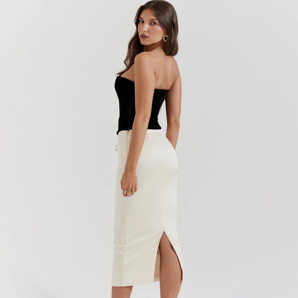 Luxury Lace Up Velvet Strapless Crop Corset Silky Satin Midi Skirt Matching Set - Image 6