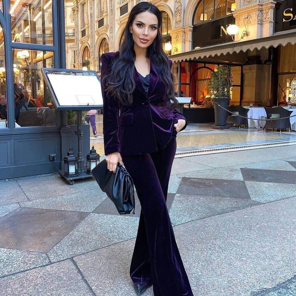 Luxury Lapel Collar Long Sleeve Velvet Blazer Matching Set - Purple - Image 2