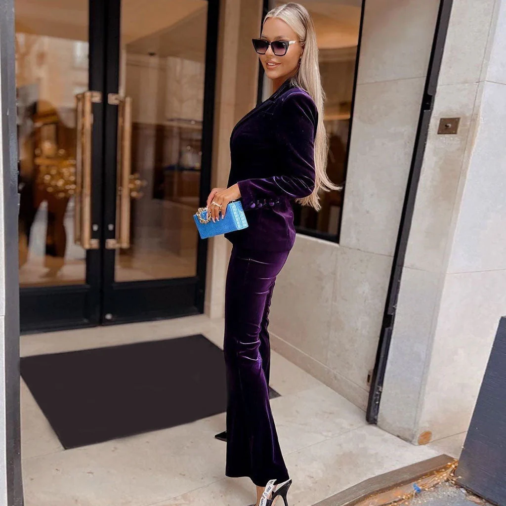 Luxury Lapel Collar Long Sleeve Velvet Blazer Matching Set - Purple - Image 4