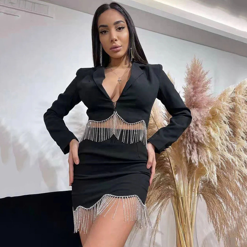 Luxury Lapel Collar Plunge Crystal Fringe High Waist Crop Blazer Matching Set - Image 2