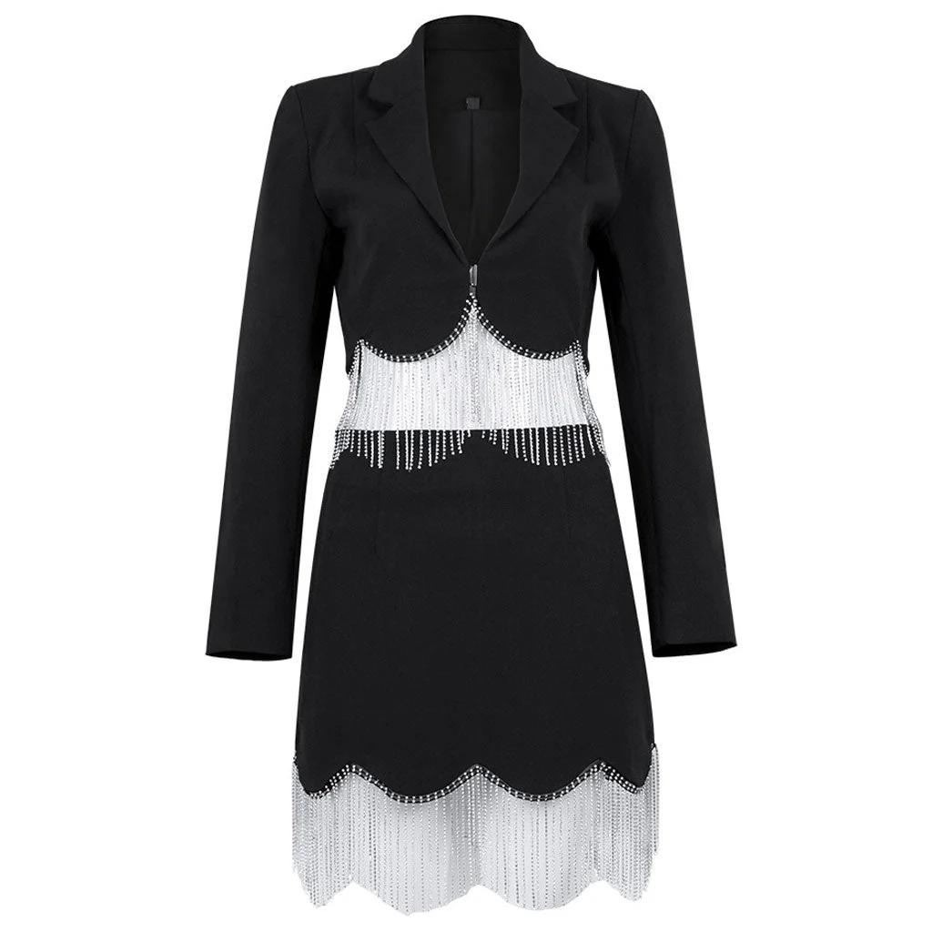 Luxury Lapel Collar Plunge Crystal Fringe High Waist Crop Blazer Matching Set - Image 4