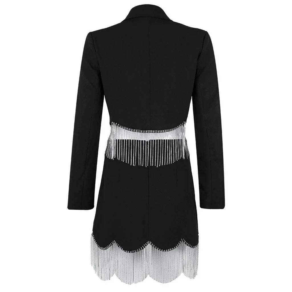 Luxury Lapel Collar Plunge Crystal Fringe High Waist Crop Blazer Matching Set - Image 5