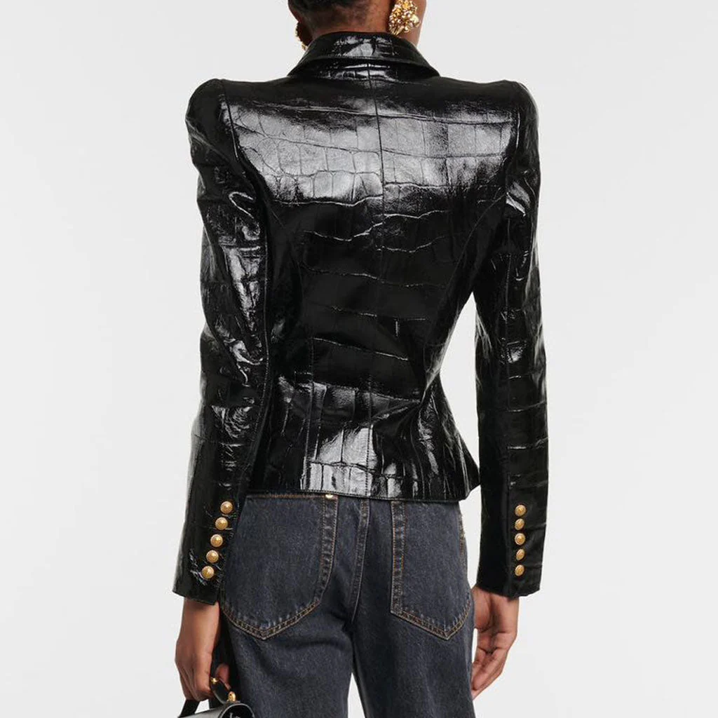 Luxury Lapel Gold Tone Double Breasted Fitted Waist Sheen Vegan Leather Jacket - Image 2