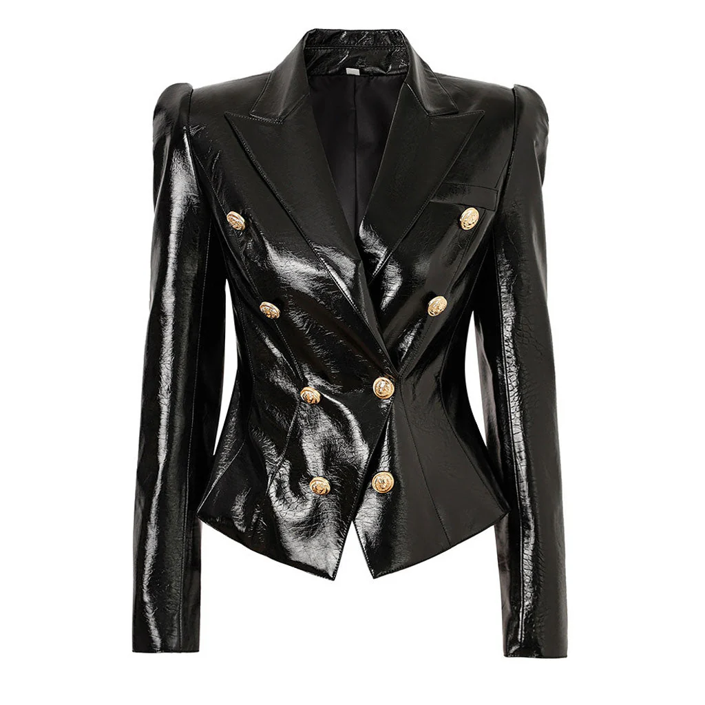 Luxury Lapel Gold Tone Double Breasted Fitted Waist Sheen Vegan Leather Jacket - Image 3