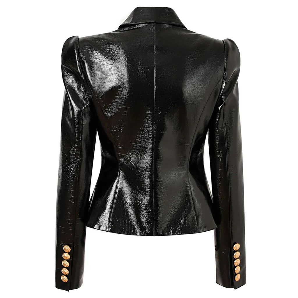 Luxury Lapel Gold Tone Double Breasted Fitted Waist Sheen Vegan Leather Jacket - Image 4
