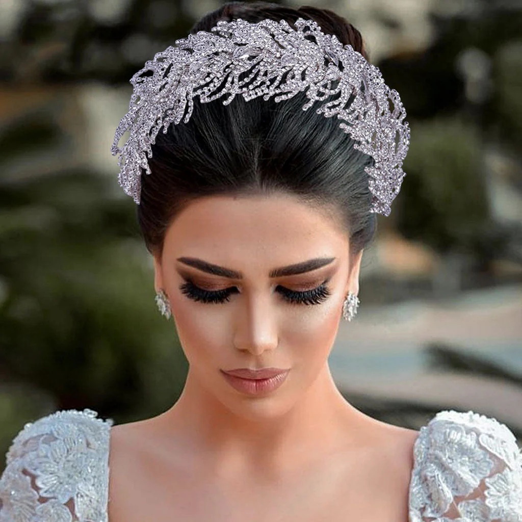 Luxury Leaf Detail Crystal Embellished Bridal Headband - Silver - Image 2